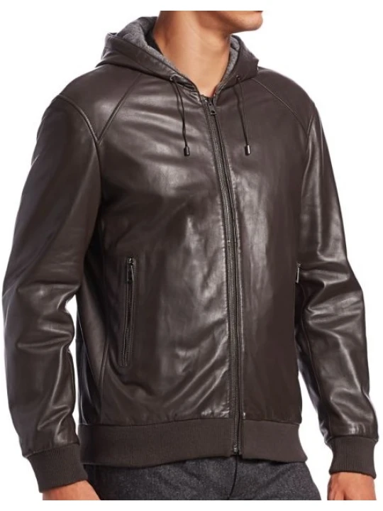 Dark Brown Hooded Bomber Leather Jacket