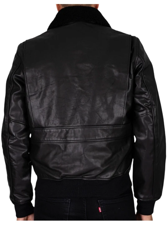 Double Pockets Black Leather Bomber Jacket Double Pockets Black Leather Bomber Jacket