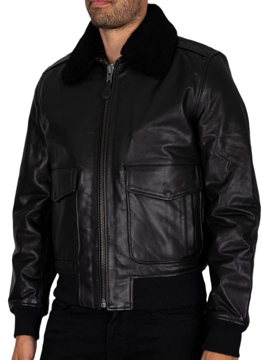 Double Pockets Black Leather Bomber Jacket Double Pockets Black Leather Bomber Jacket