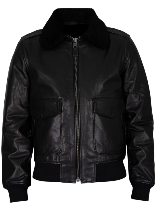 Double Pockets Black Leather Bomber Jacket Double Pockets Black Leather Bomber Jacket