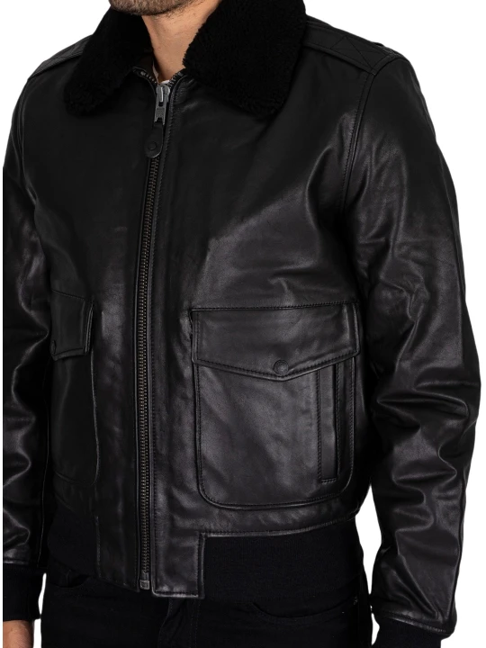 Double Pockets Black Leather Bomber Jacket Double Pockets Black Leather Bomber Jacket