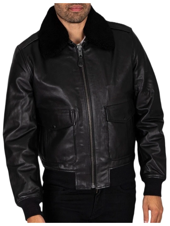 Double Pockets Black Leather Bomber Jacket Double Pockets Black Leather Bomber Jacket
