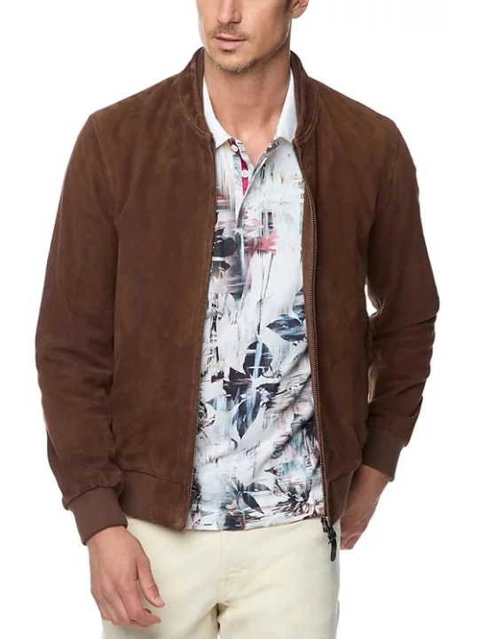 Double Ribbed Baseball Collar Brown Suede Leather Bomber Jacket