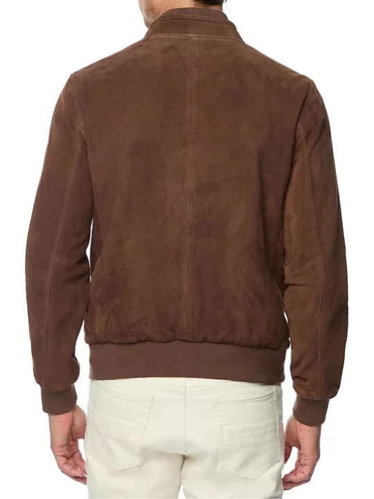 Double Ribbed Baseball Collar Brown Suede Leather Bomber Jacket