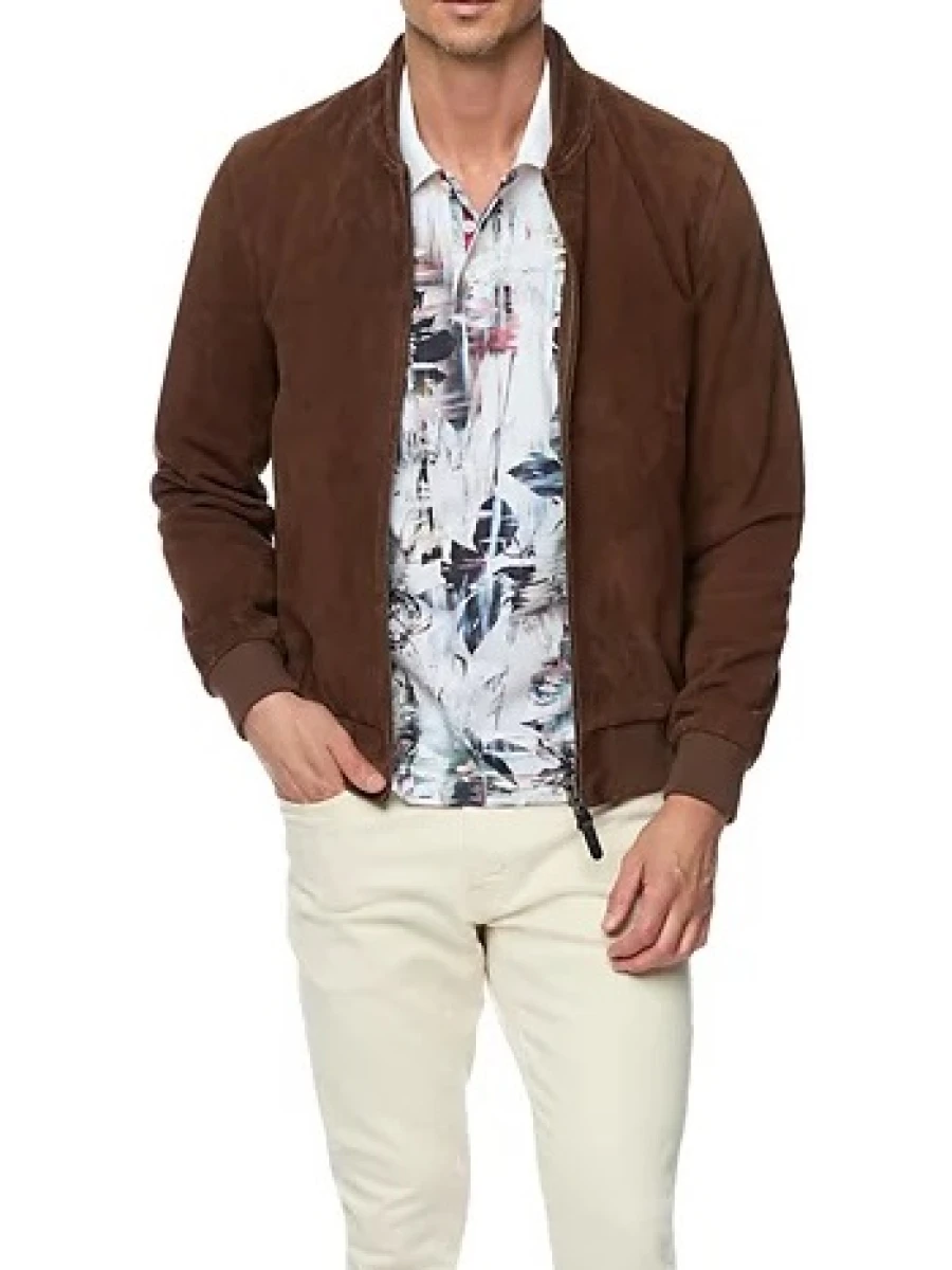 Double Ribbed Baseball Collar Brown Suede Leather Bomber Jacket