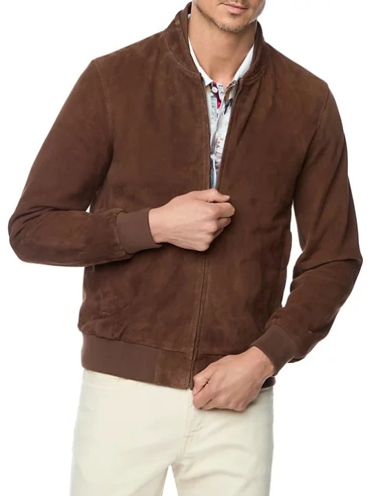 Double Ribbed Baseball Collar Brown Suede Leather Bomber Jacket