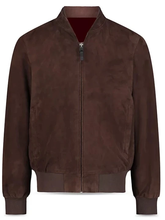 Double Ribbed Baseball Collar Brown Suede Leather Bomber Jacket