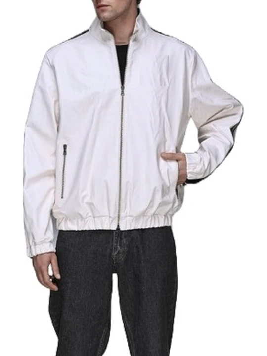 Elastic Hem And Cuffs White Leather Bomber Jacket