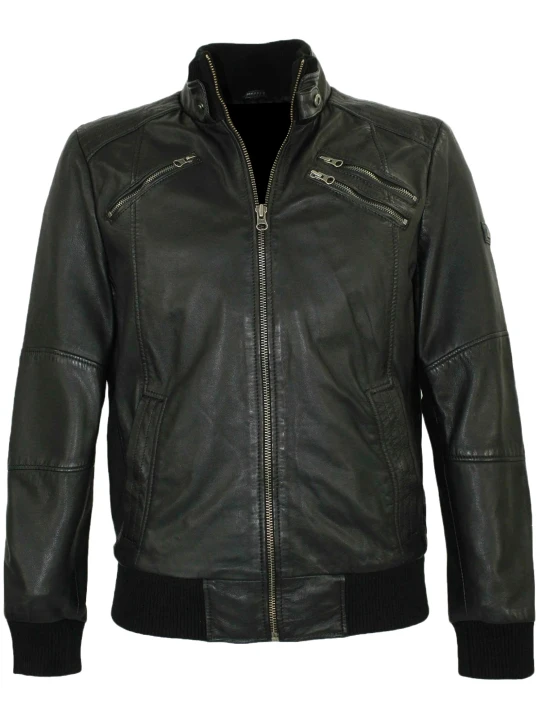 Front Zipper Leather Bomber Jacket Black