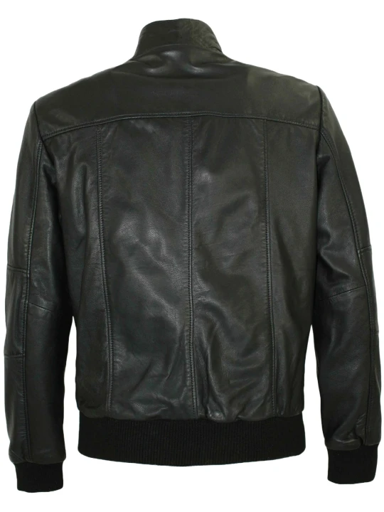 Front Zipper Leather Bomber Jacket Black
