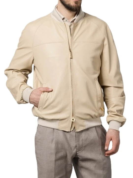 Golden Zipper Beige Leather Bomber Jacket