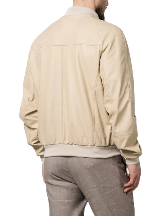 Golden Zipper Beige Leather Bomber Jacket