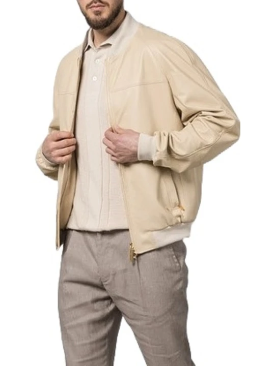 Golden Zipper Beige Leather Bomber Jacket