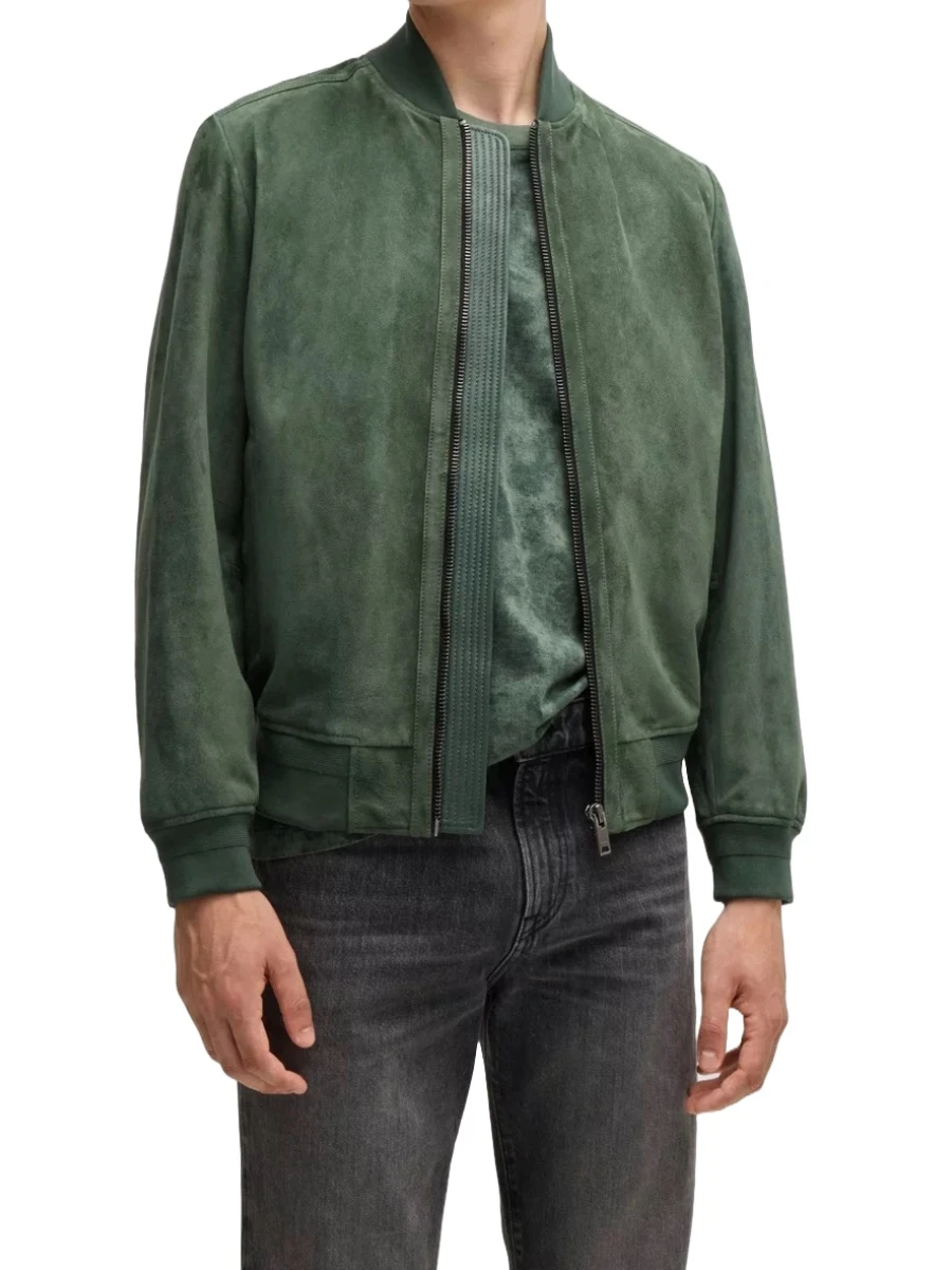 Green Suede Leather Bomber Jacket With Ribbed Trims