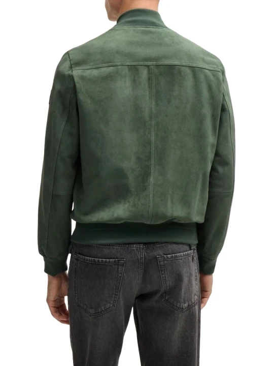 Green Suede Leather Bomber Jacket With Ribbed Trims