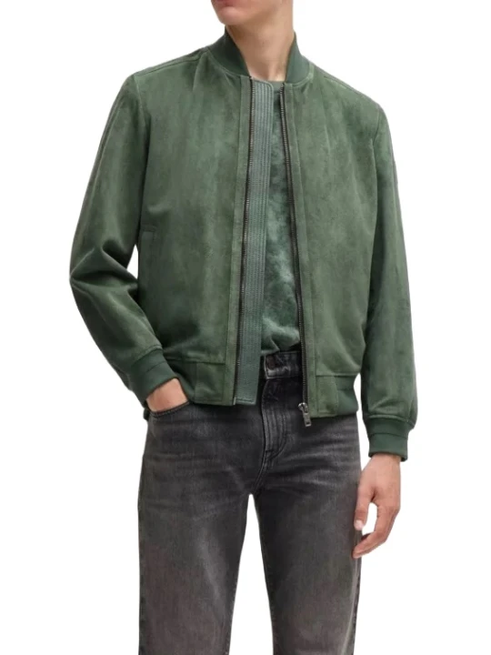 Green Suede Leather Bomber Jacket With Ribbed Trims
