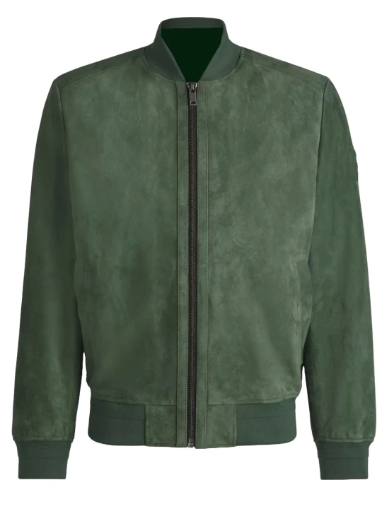 Green Suede Leather Bomber Jacket With Ribbed Trims