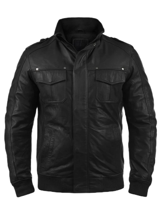 Men Glamorous Style Real Sheepskin Black Leather Bomber Jacket