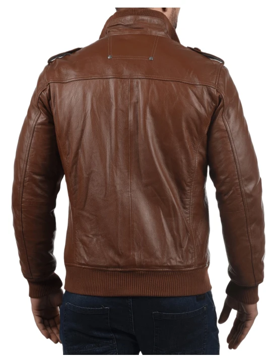 Men Glamorous Style Real Sheepskin Brown Leather Bomber Jacket