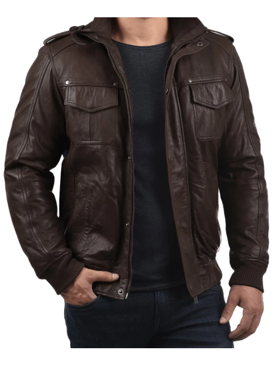 Men Glamorous Style Real Sheepskin Dark Brown Leather Bomber Jacket