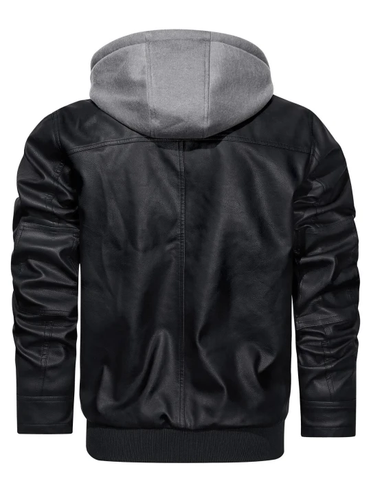 Men Classic Hooded Real Sheepskin Black Leather Bomber Jacket