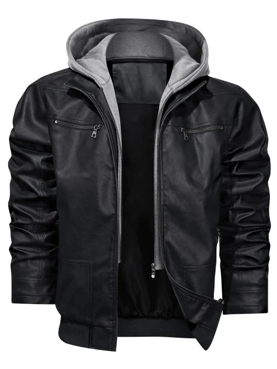 Men Classic Hooded Real Sheepskin Black Leather Bomber Jacket
