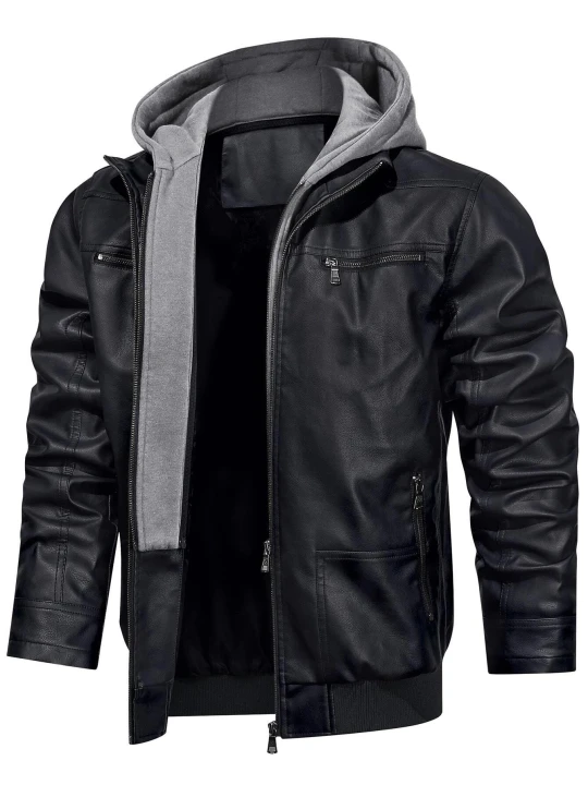 Men Classic Hooded Real Sheepskin Black Leather Bomber Jacket