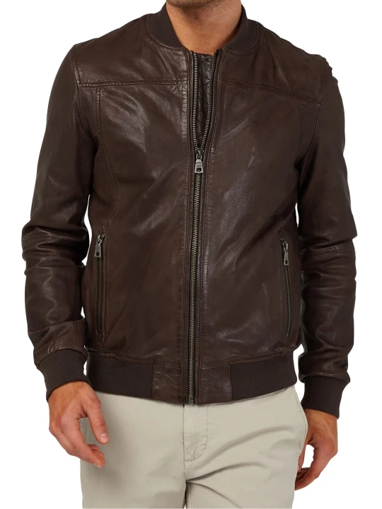 Men Classic Real Sheepskin Dark Brown Leather Bomber Jacket