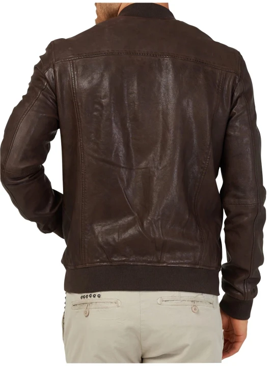 Men Classic Real Sheepskin Dark Brown Leather Bomber Jacket