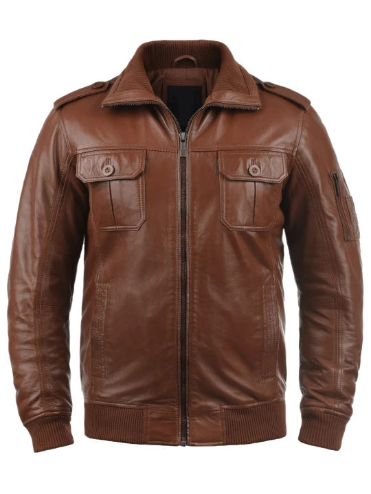 Men High Fashion Real Sheepskin Brown Leather Bomber Jacket