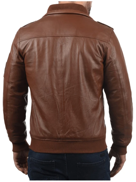 Men High Fashion Real Sheepskin Brown Leather Bomber Jacket