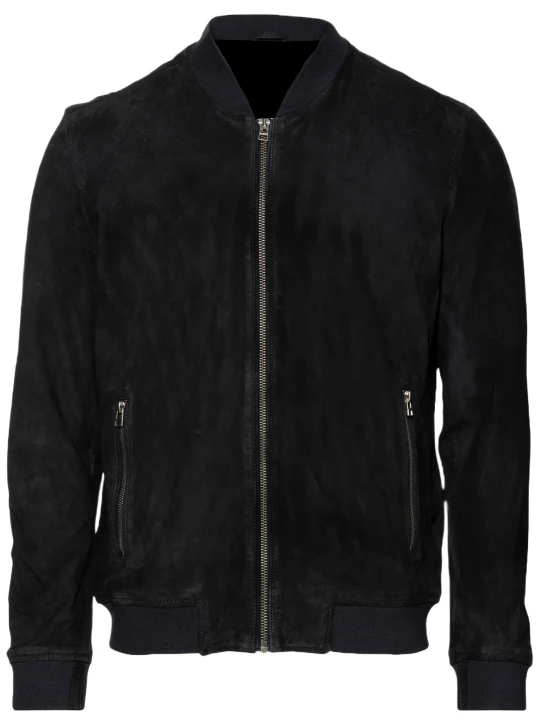 Men Suede Leather Black Bomber Jacket
