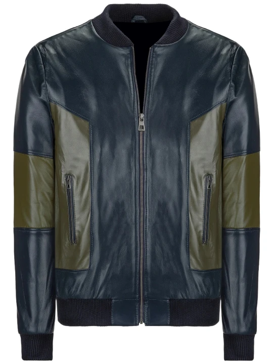Navy Blue And Olive Green Leather Bomber Jacket Outfit 
