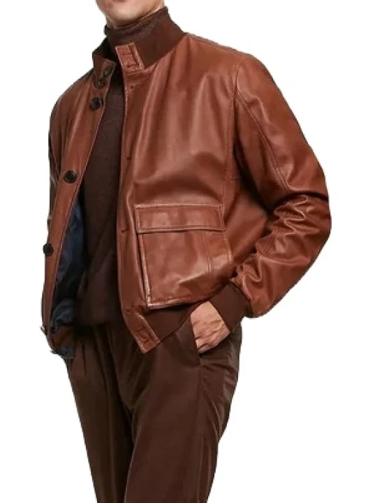 Patch Pockets Brown Leather Bomber Jacket