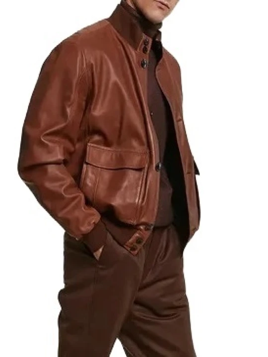 Patch Pockets Brown Leather Bomber Jacket