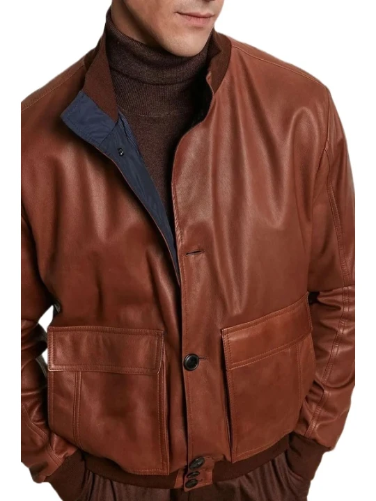 Patch Pockets Brown Leather Bomber Jacket