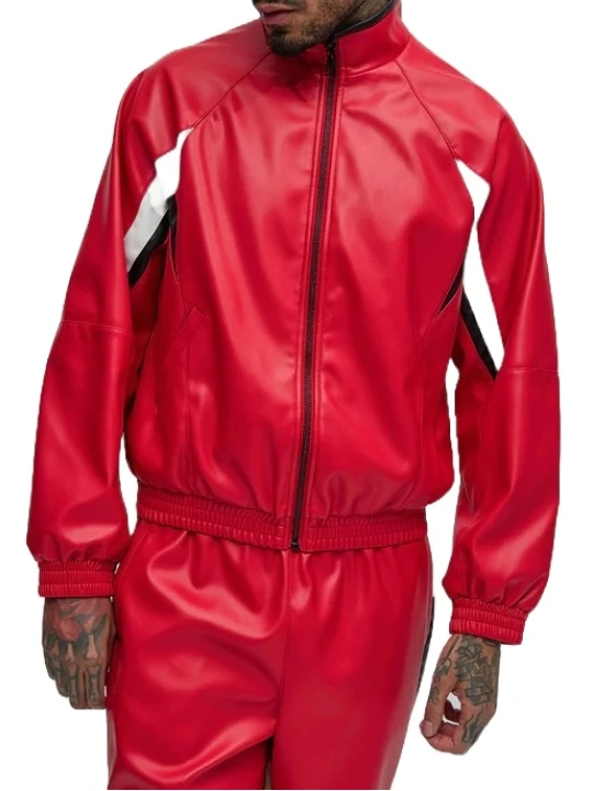 Red Leather Bomber Track Jacket