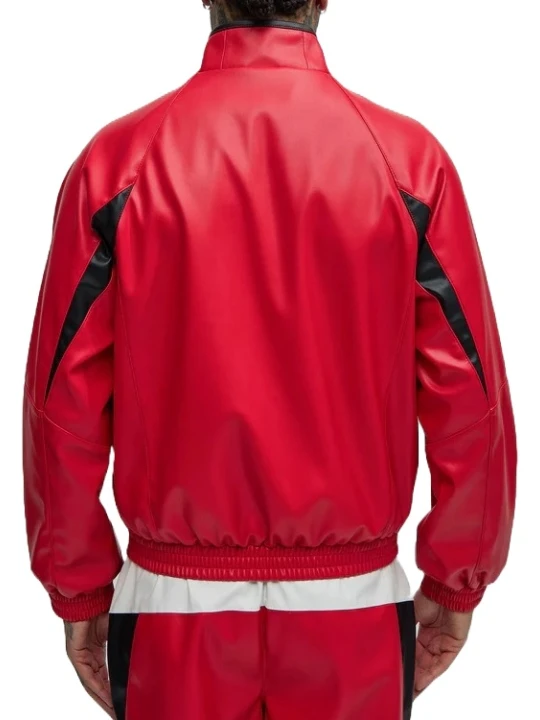 Red Leather Bomber Track Jacket