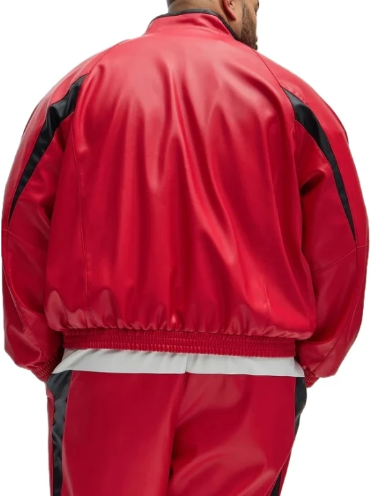 Red Leather Bomber Track Jacket