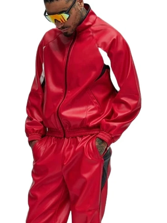 Red Leather Bomber Track Jacket