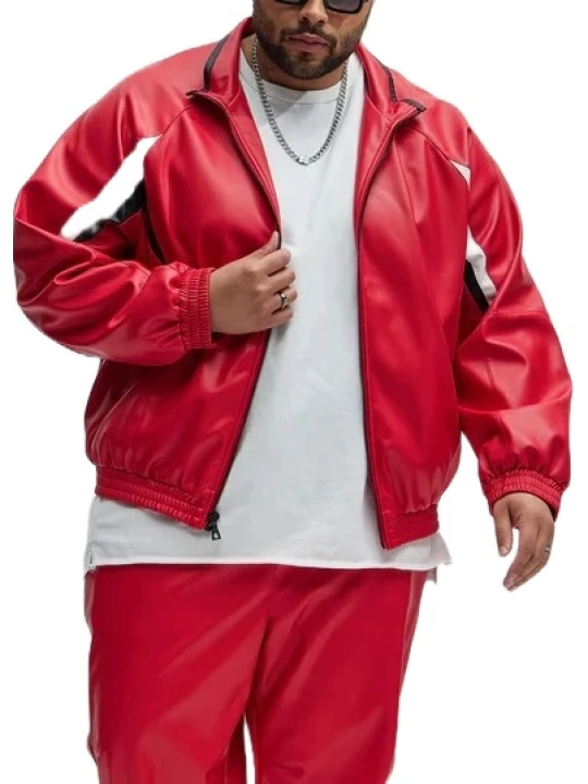Red Leather Bomber Track Jacket