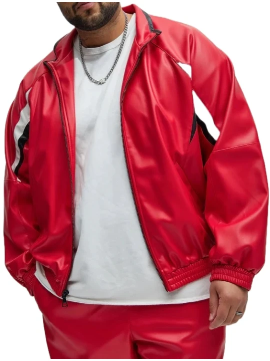 Red Leather Bomber Track Jacket