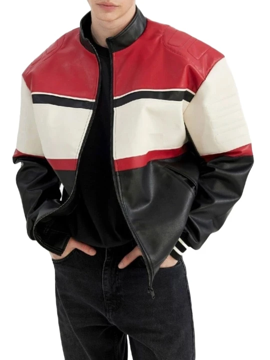 Red White Black Panels Leather Bomber Jacket