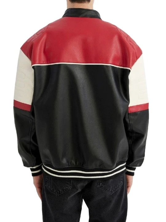Red White Black Panels Leather Bomber Jacket