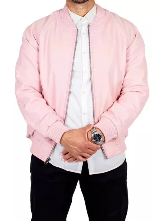 Rib Knit Collar Pink Leather Bomber Jacket