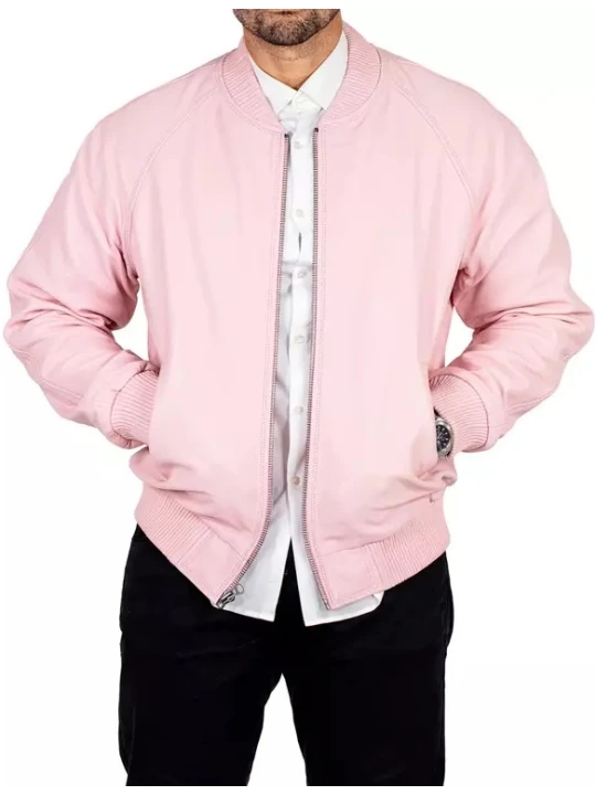 Rib Knit Collar Pink Leather Bomber Jacket