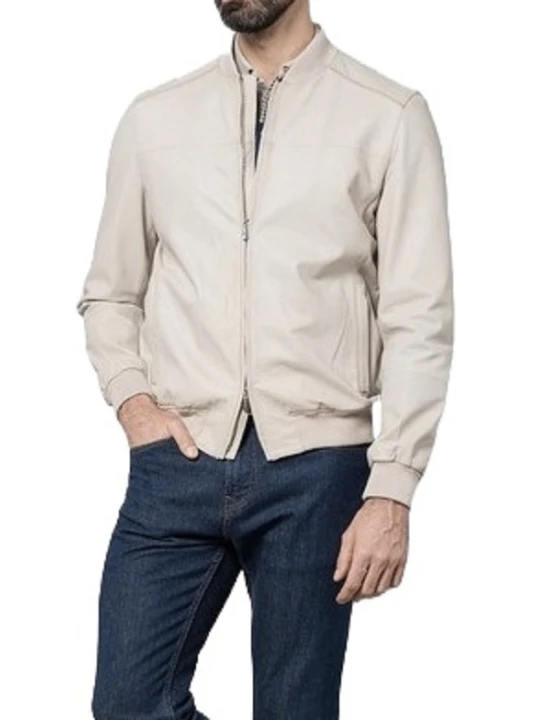 Ribbed Collar Beige Leather Bomber Jacket