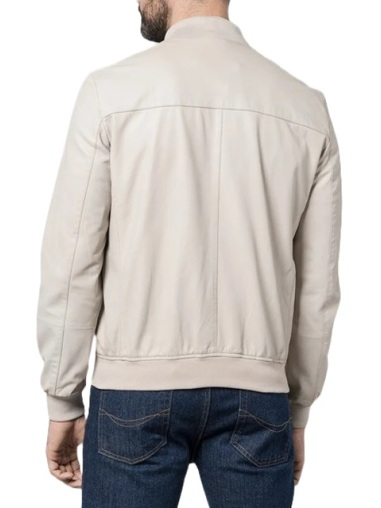 Ribbed Collar Beige Leather Bomber Jacket