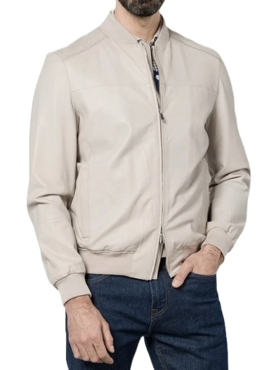 Ribbed Collar Beige Leather Bomber Jacket