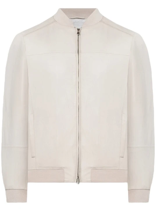 Ribbed Collar Beige Leather Bomber Jacket